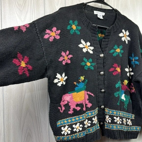 Express Sweater Small Vintage Floral Cardigan Cotton Grandmacore 90s Horse Knit - Picture 3 of 6